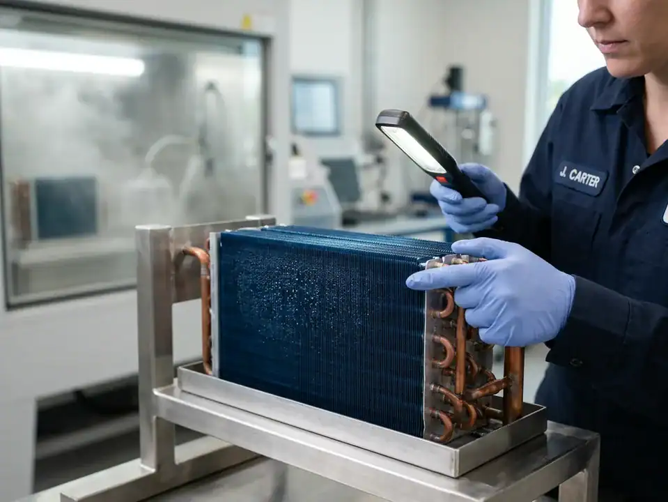 Technician inspecting anti-corrosion coating on a commercial refrigeration coil