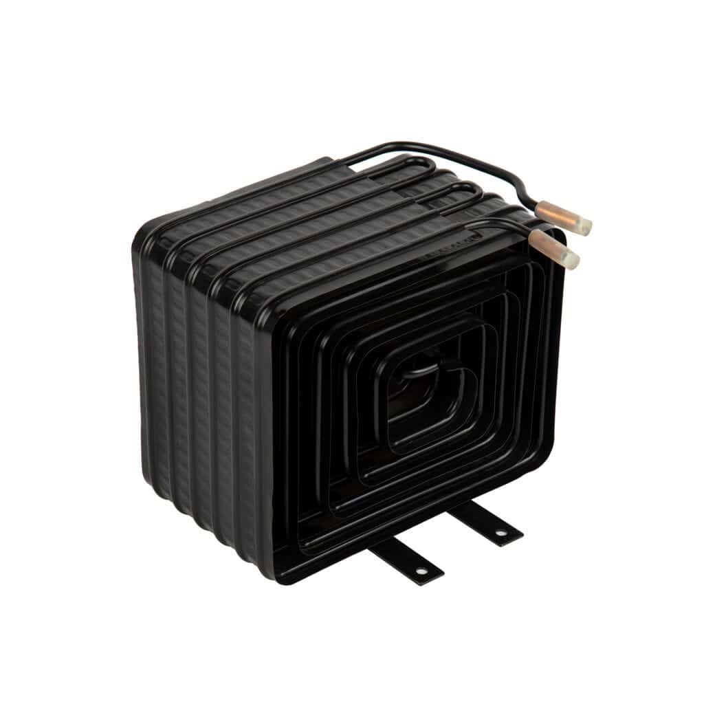 Tube on plate condenser used in refrigeration systems for heat transfer.