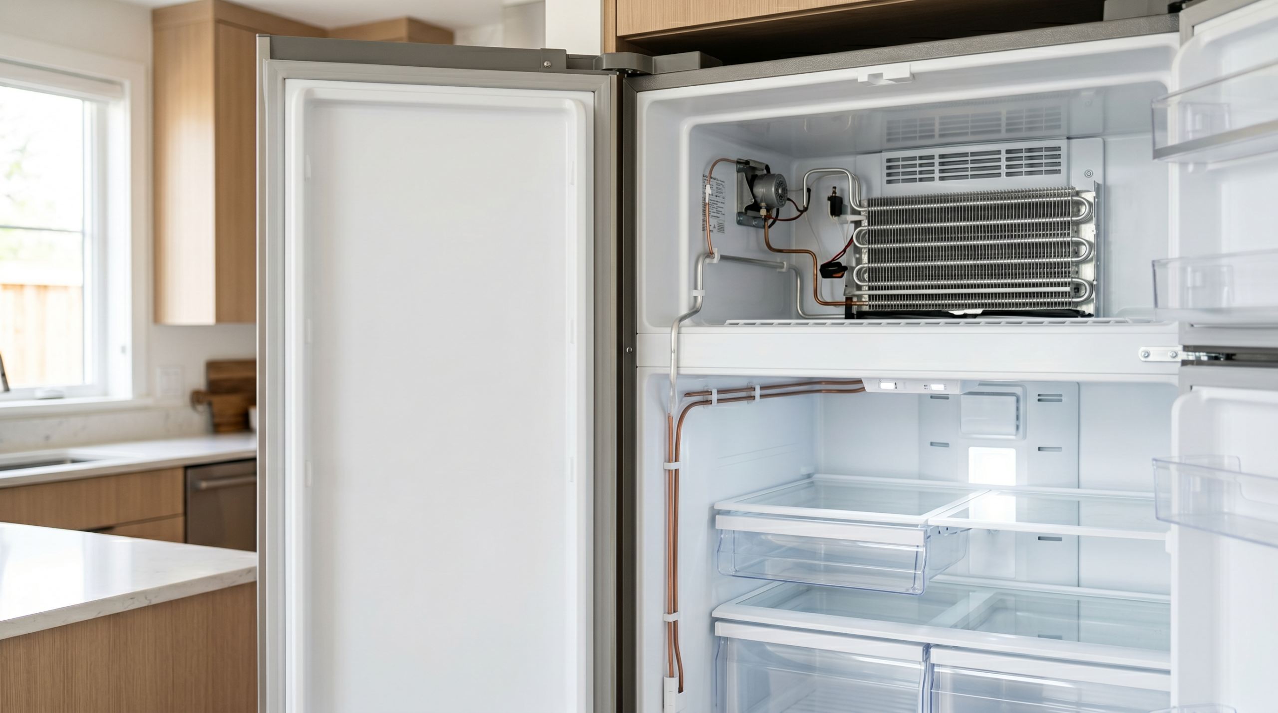 Compact refrigerator cooling system with evaporator coil components