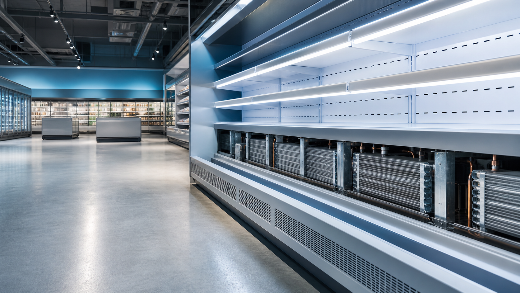 Display case evaporator coil for supermarket refrigeration equipment