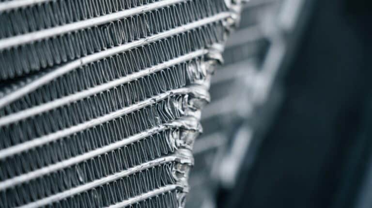 how do the fins help in radiator — close-up of finned radiator core