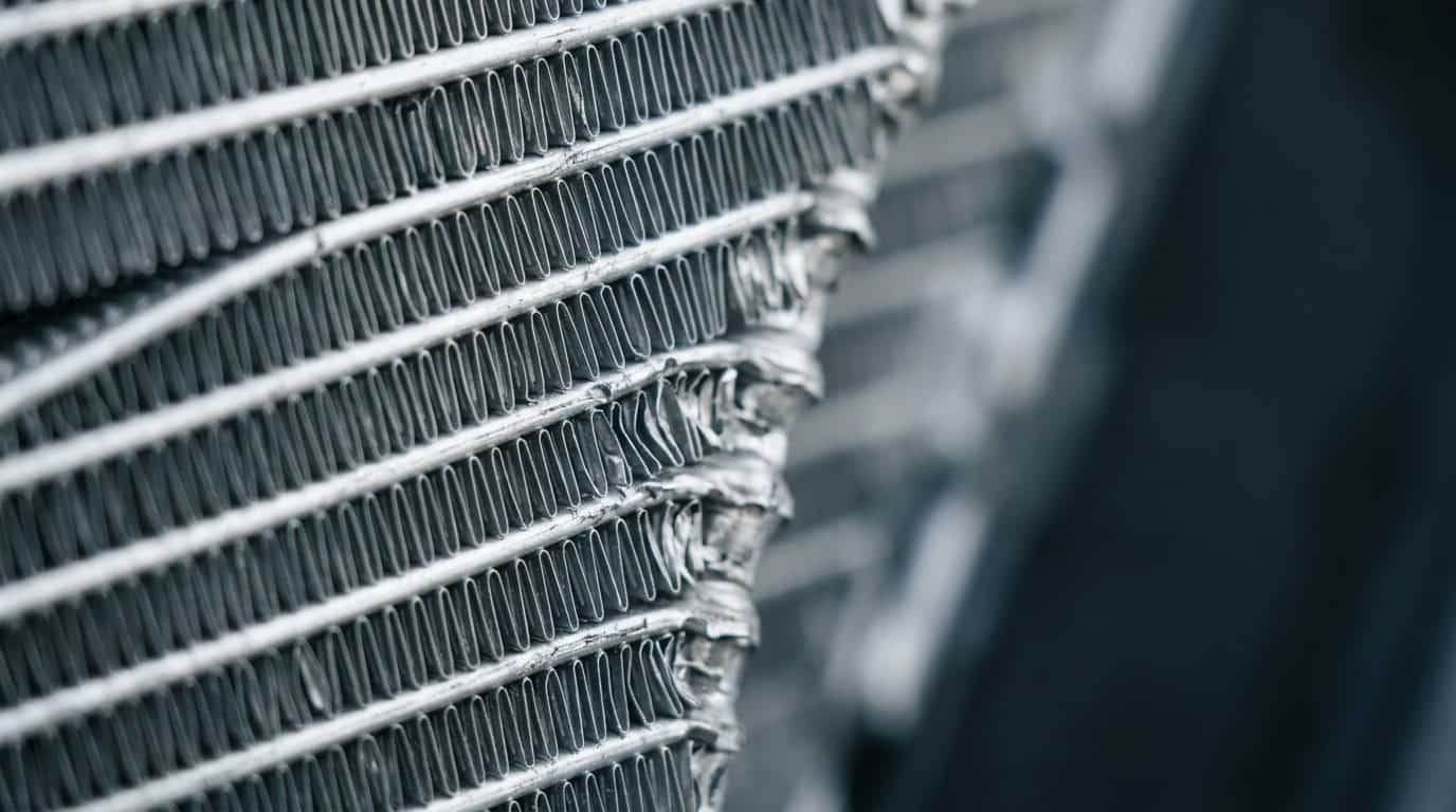 how do the fins help in radiator — close-up of finned radiator core
