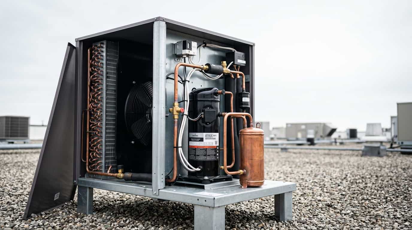 parts of refrigeration system — labeled components of a vapor compression unit