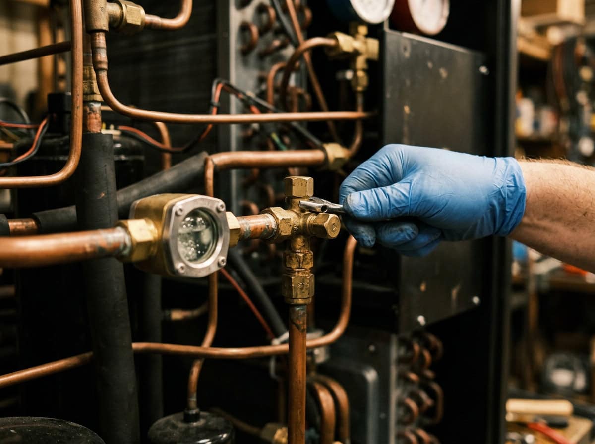 parts of refrigeration system — technician inspecting components and service valves