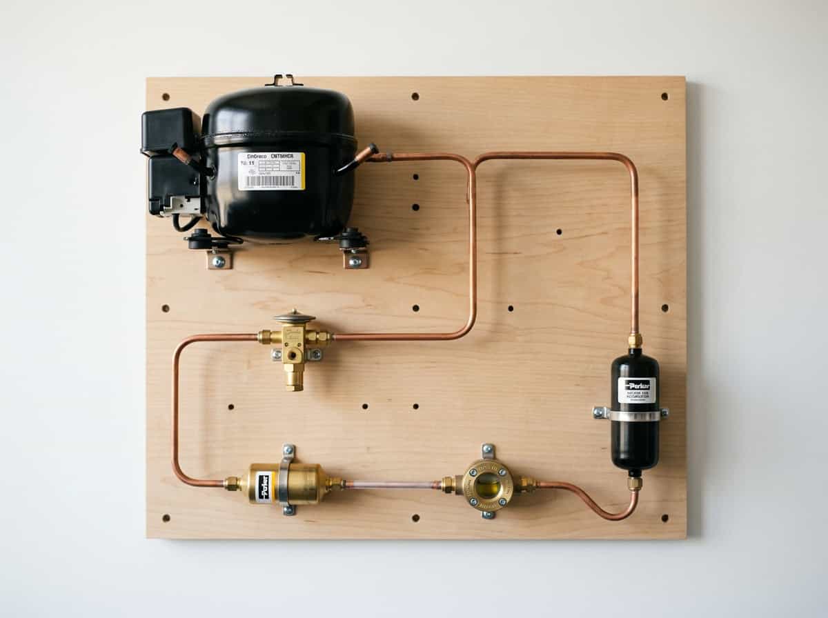 parts of refrigeration system — compressor condenser evaporator and expansion valve hardware
