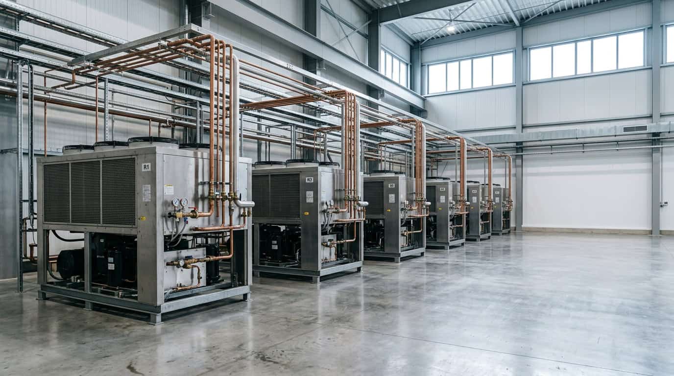 refrigerant cycle — modern refrigeration condensing units in an industrial facility