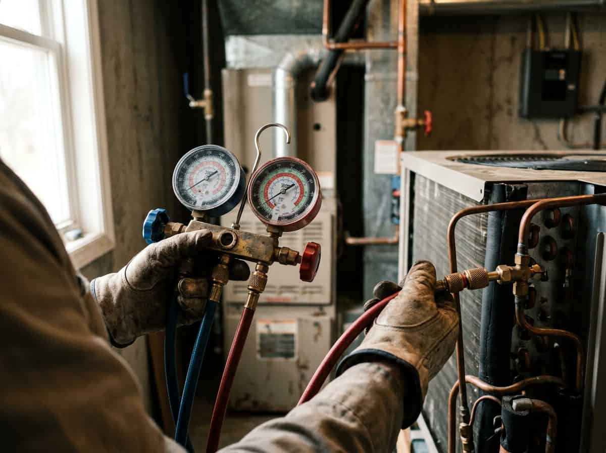 refrigerant cycle — technician reading manifold gauge pressures on a refrigeration system