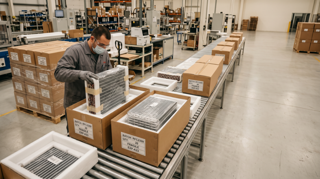Export packaging and batch production for residential refrigeration coils