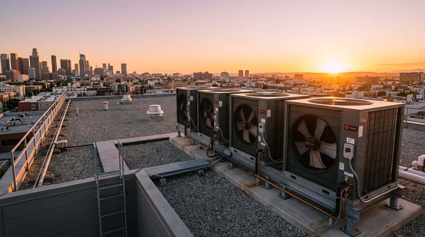 Rooftop HVAC units for commercial refrigeration at sunset.