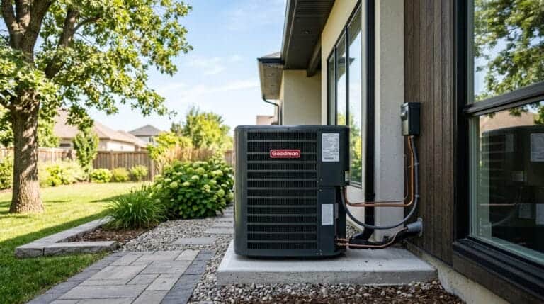 Outdoor HVAC unit installed beside a house with garden and trees.