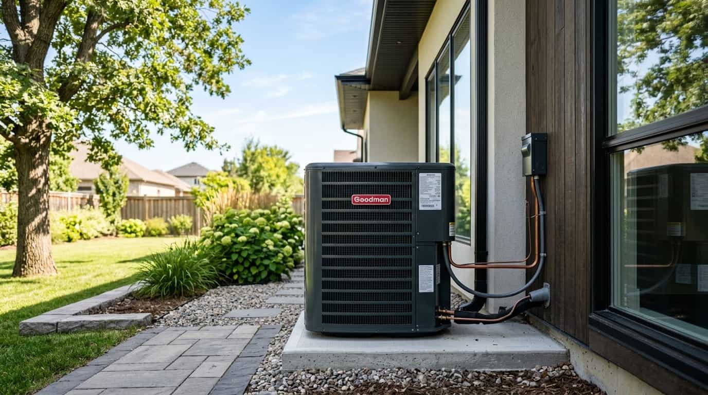 ac condenser unit: finished outdoor AC condenser installed beside modern home exterior on sunny day