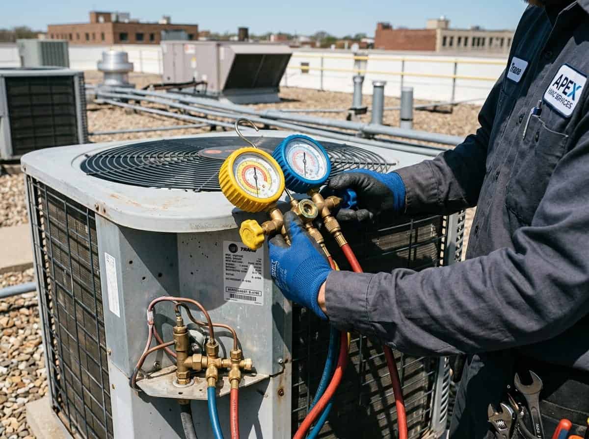 HVAC technician checking refrigerant gauges on rooftop air conditioning unit.