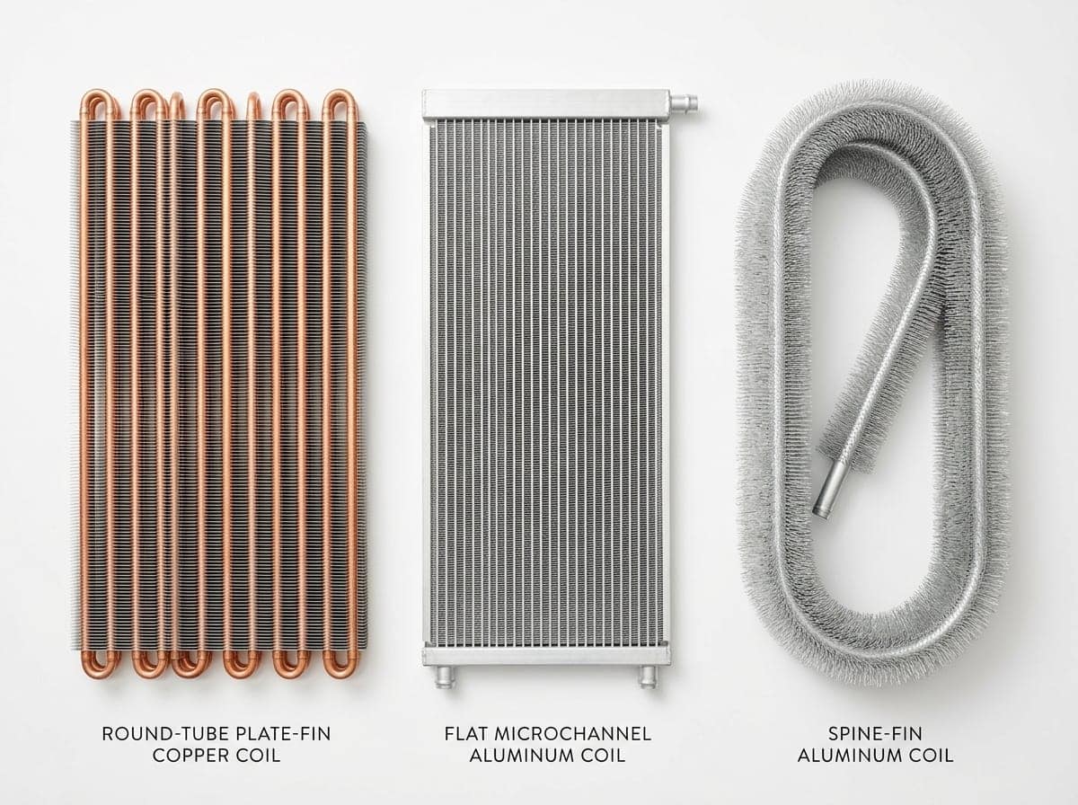ac condenser unit: side-by-side comparison flat lay of round-tube plate-fin coil, microchannel coil, and spine-fin coil on white studio background