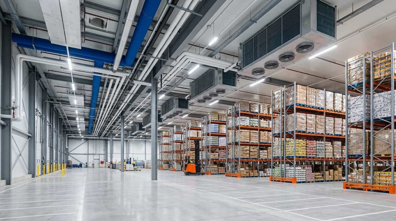 Large industrial warehouse with refrigeration units and storage racks.