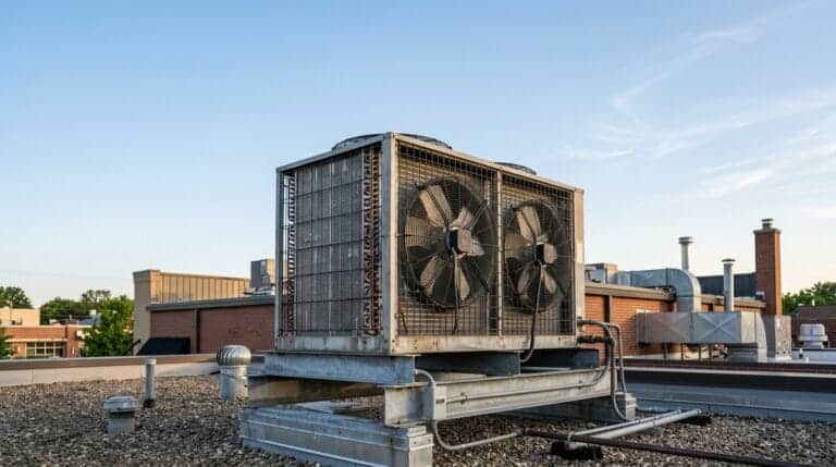 Rooftop HVAC unit with large fans on a commercial building.