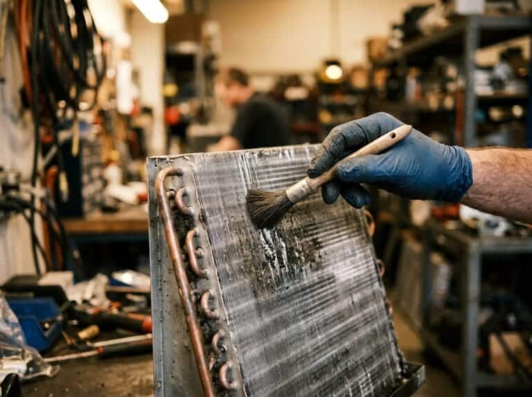 Technician cleaning industrial refrigeration coil with brush in workshop.