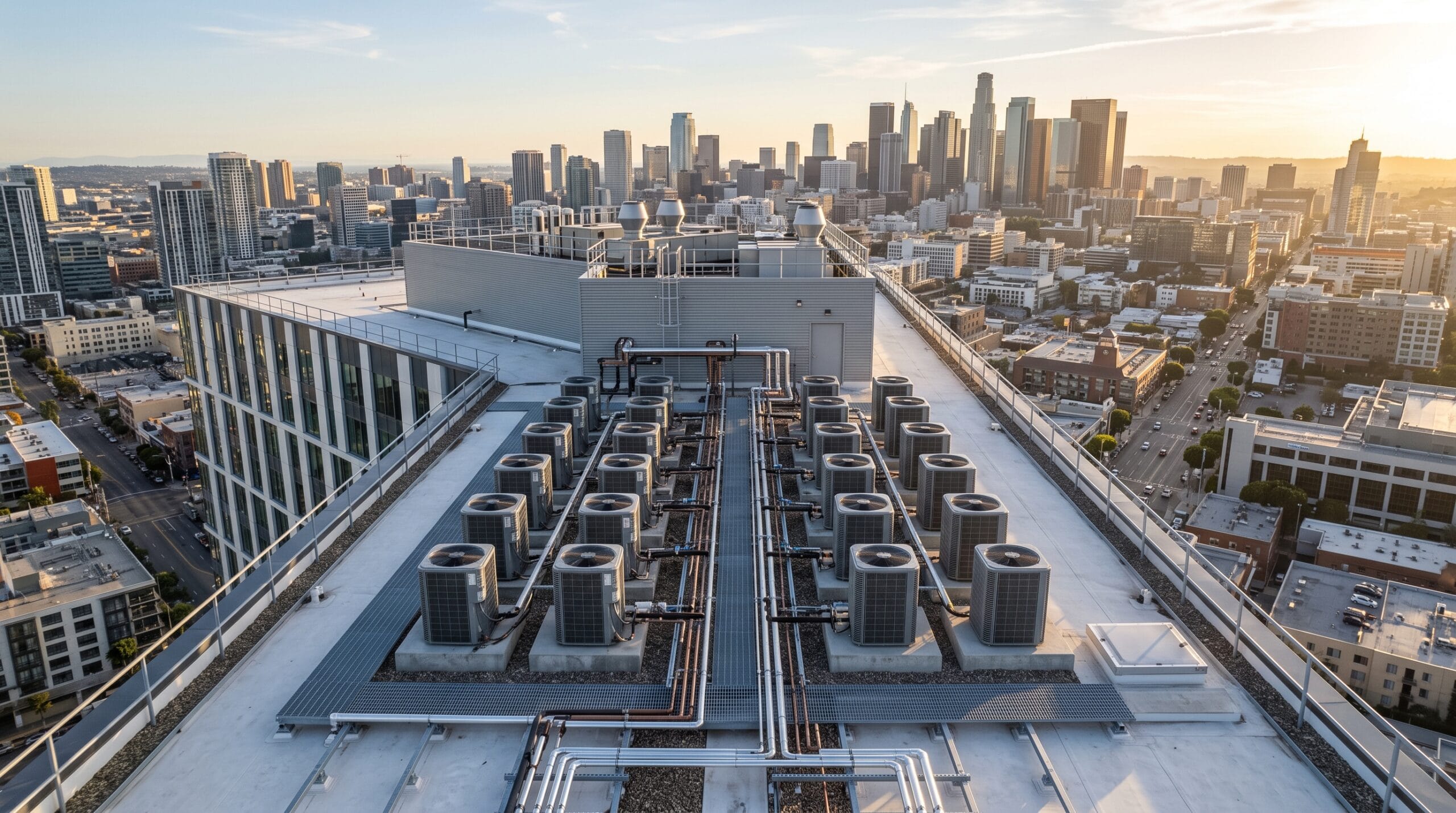 Rooftop HVAC units on a commercial building in Los Angeles skyline.