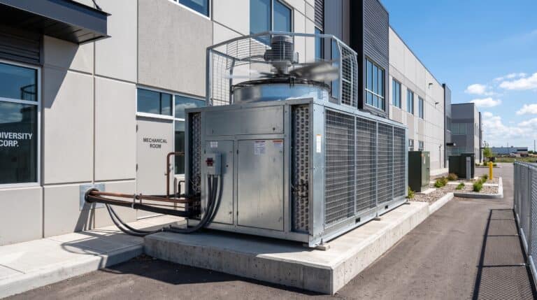 Large industrial HVAC system outside a modern building for refrigeration.
