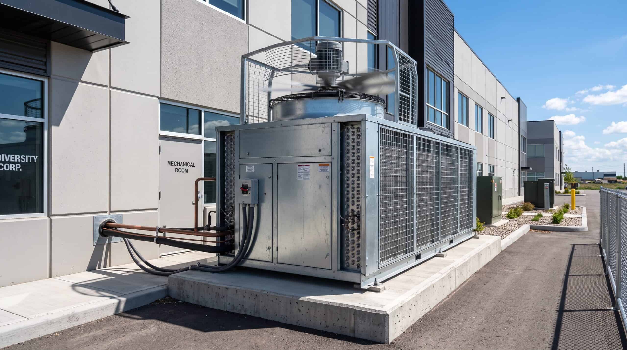 Large industrial HVAC system outside a modern building for refrigeration.
