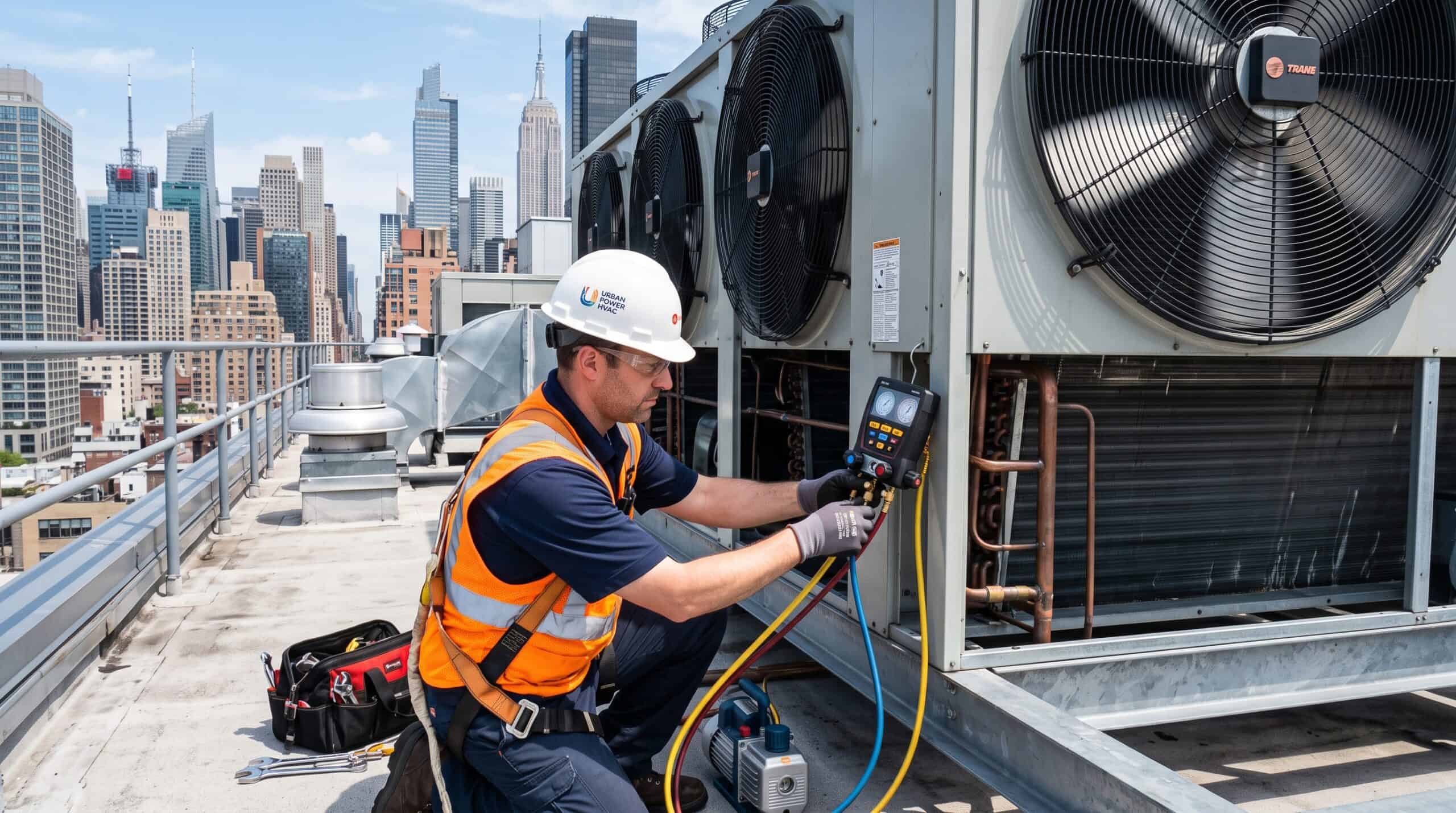 HVAC technician servicing rooftop air conditioning unit in city.
