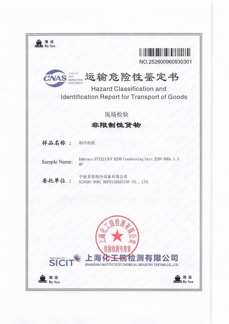 Hazard classification and identification report for transport of a Domi refrigeration condensing unit