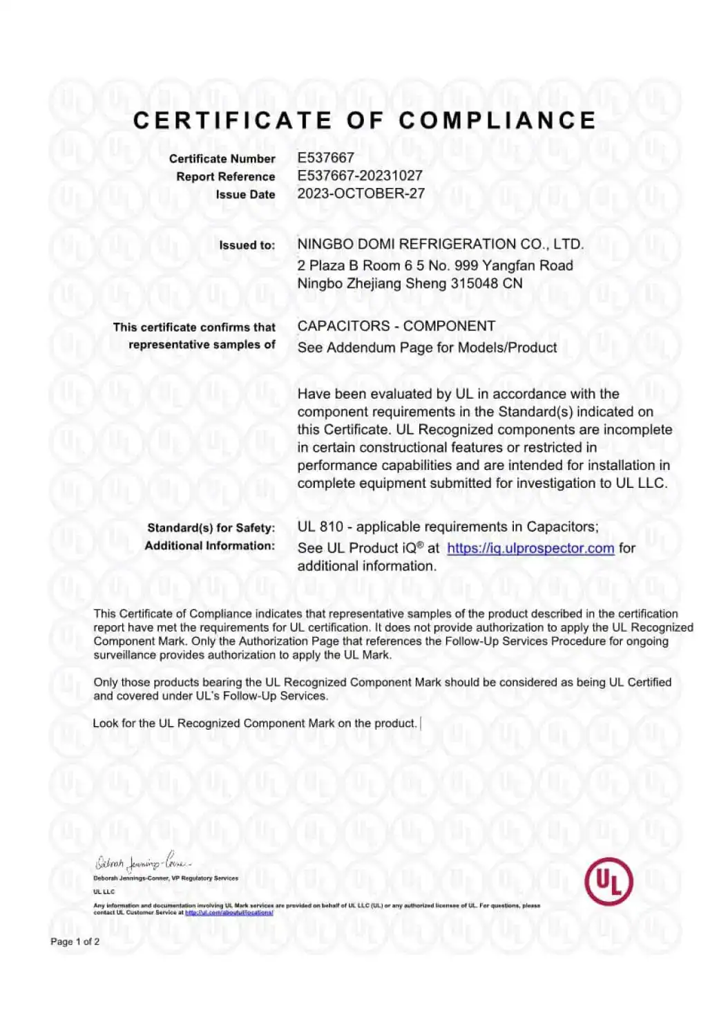 UL certificate of compliance for capacitors supplied by Ningbo Domi Refrigeration Co Ltd