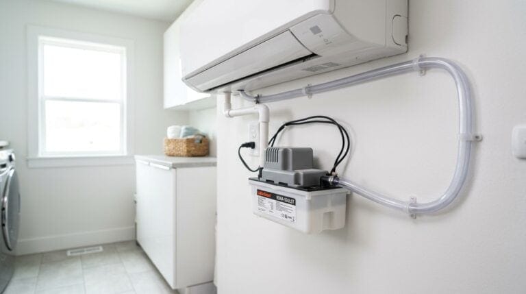 Indoor air conditioning unit with piping and control system.