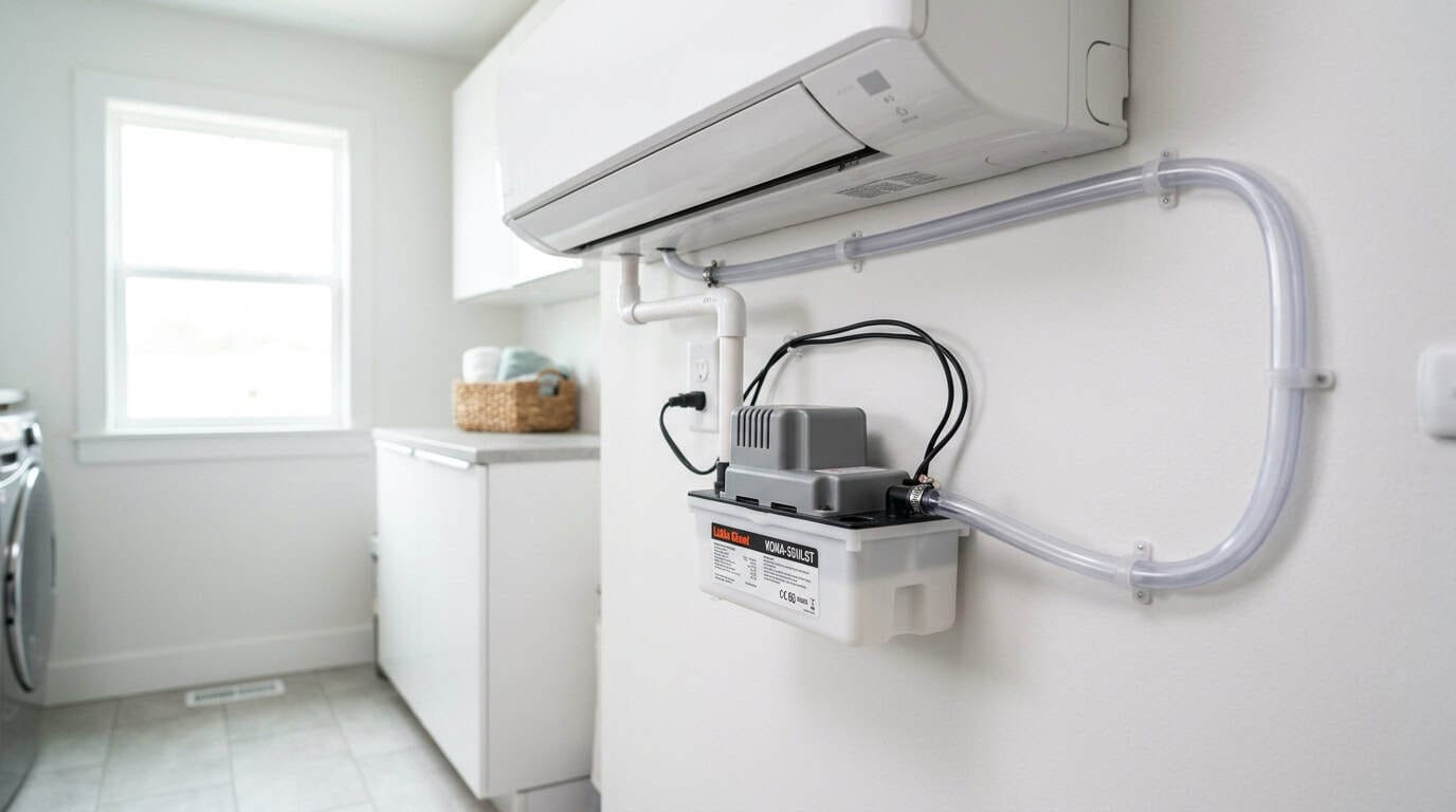 Indoor air conditioning unit with piping and control system.