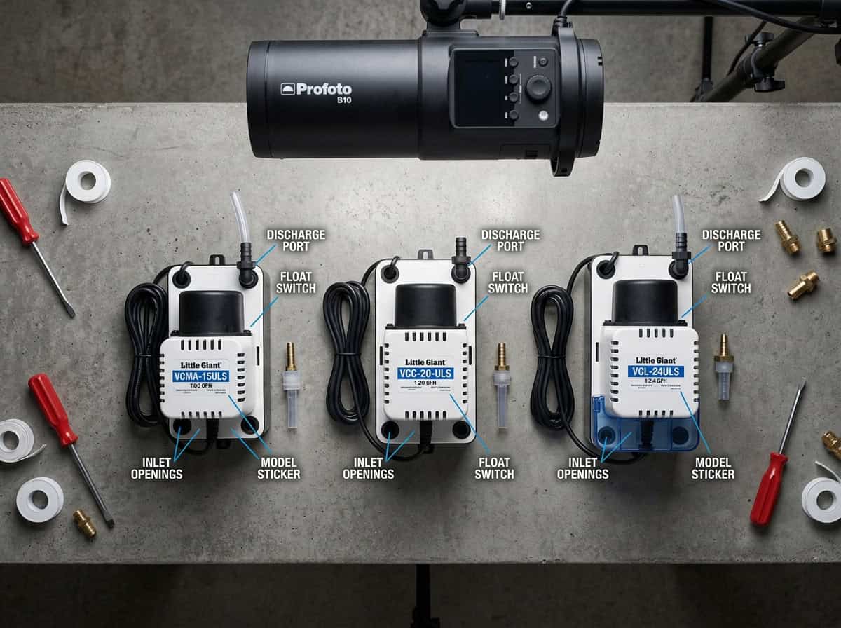 Marine electrical system components with float switches and discharge ports.