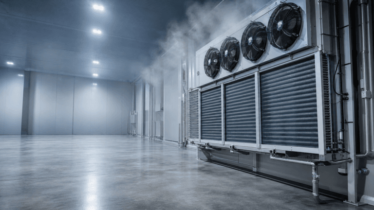 Industrial refrigeration units in a commercial cold storage facility.