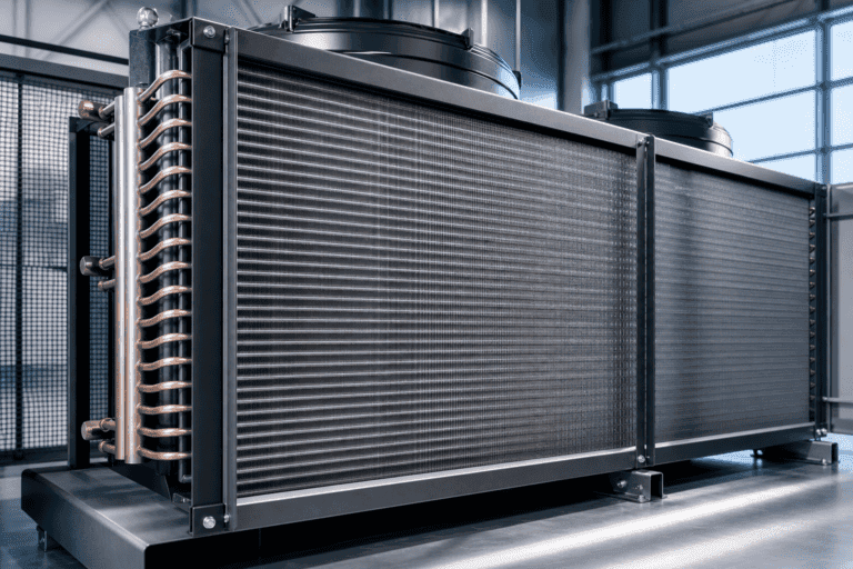 Large industrial refrigeration unit with cooling coils and fans in a modern facility.