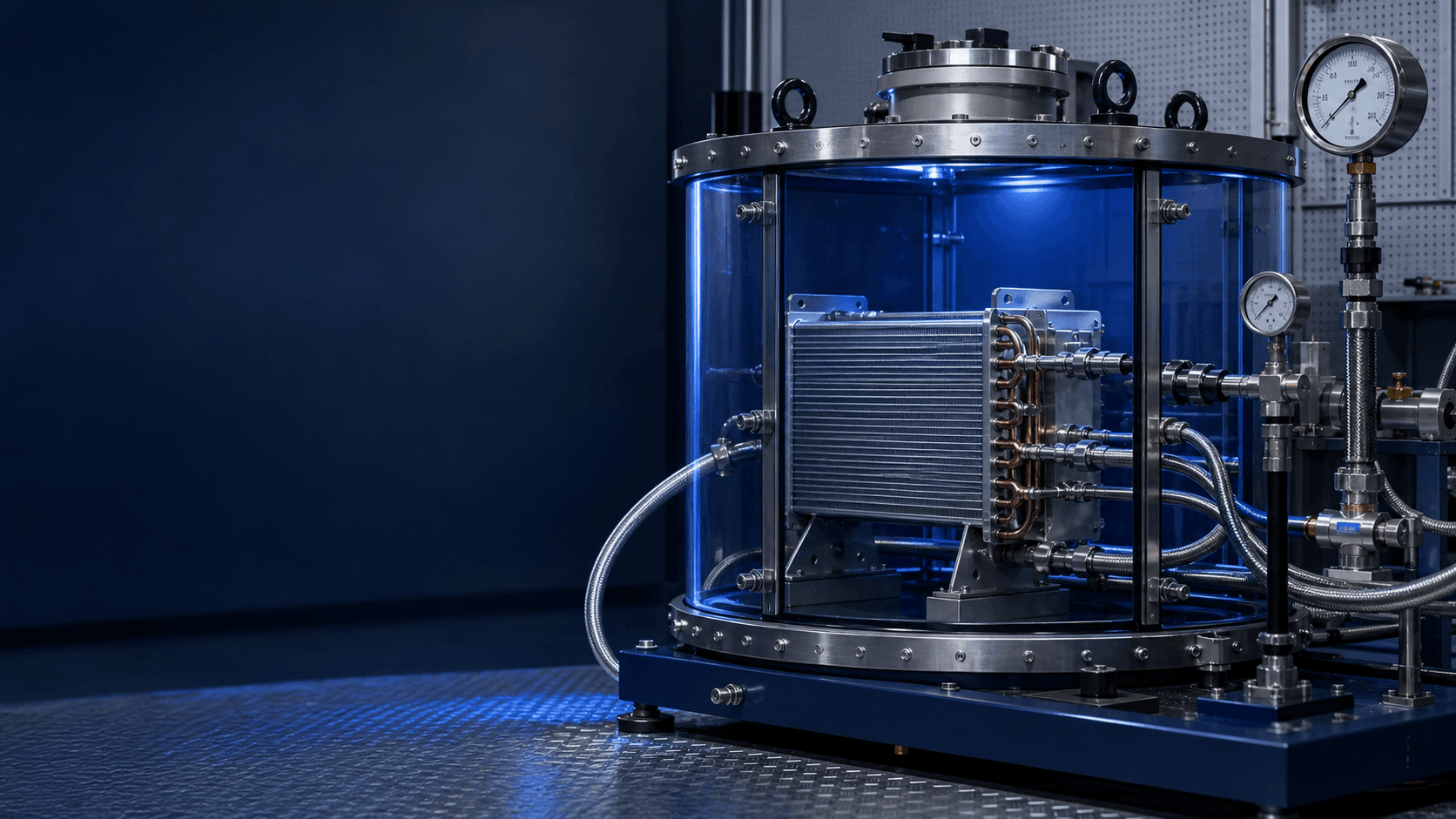 High-tech industrial refrigeration system with gauges and cooling components.