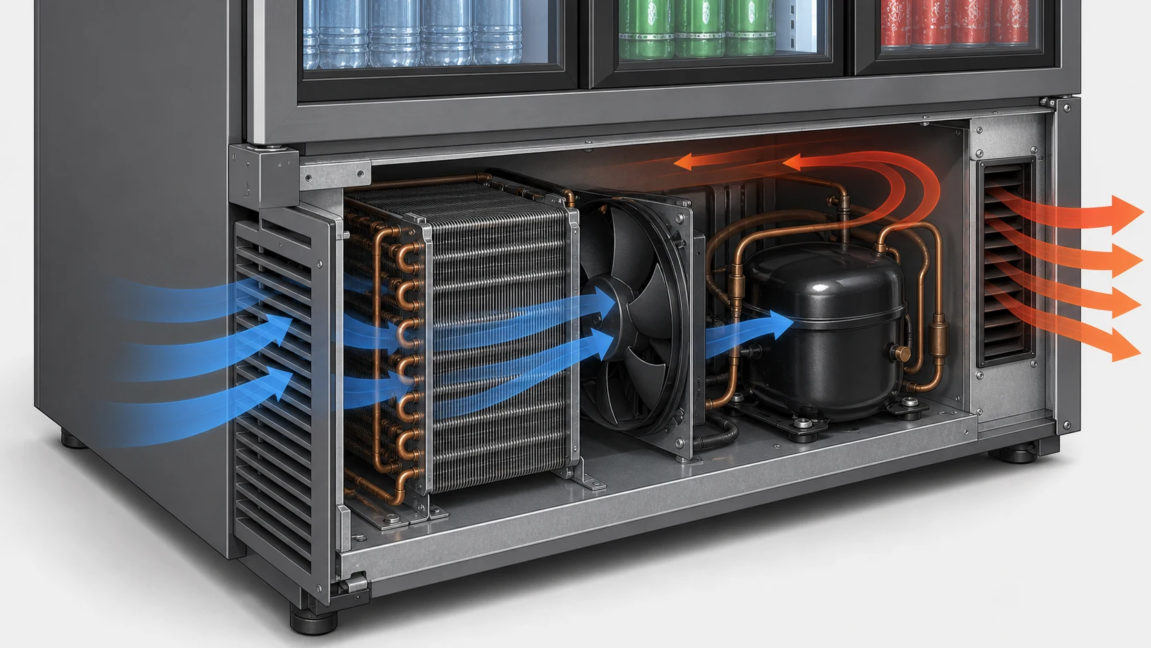 Cutaway of a beverage cooler machine compartment showing intake, condenser, fan, exhaust and warm-air recirculation