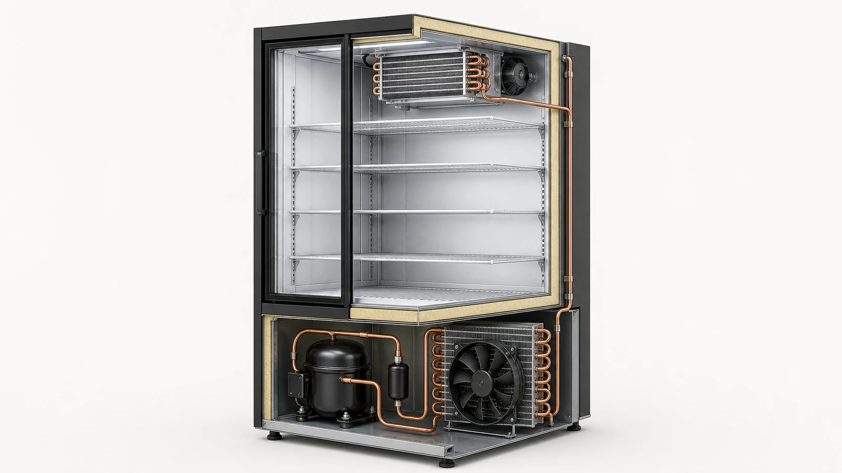Beverage cooler refrigeration circuit with compressor, condenser coil, filter drier and liquid line arranged inside the cabinet