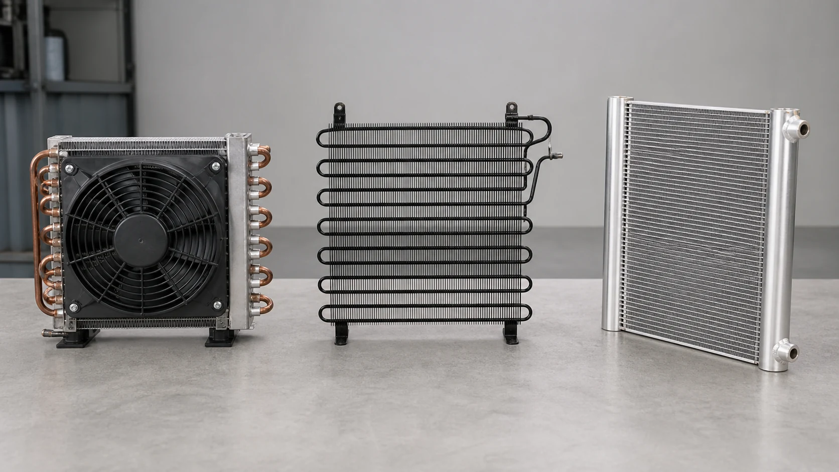 Finned-tube, wire-on-tube and microchannel beverage cooler condenser concepts arranged for comparison