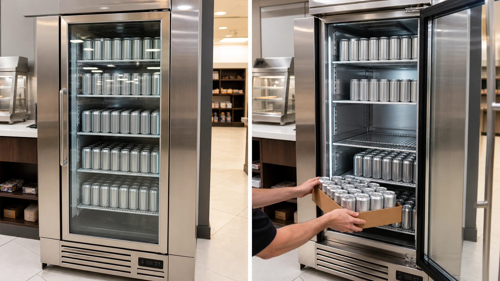 The same beverage cooler shown in stable holding and warm-product restocking states