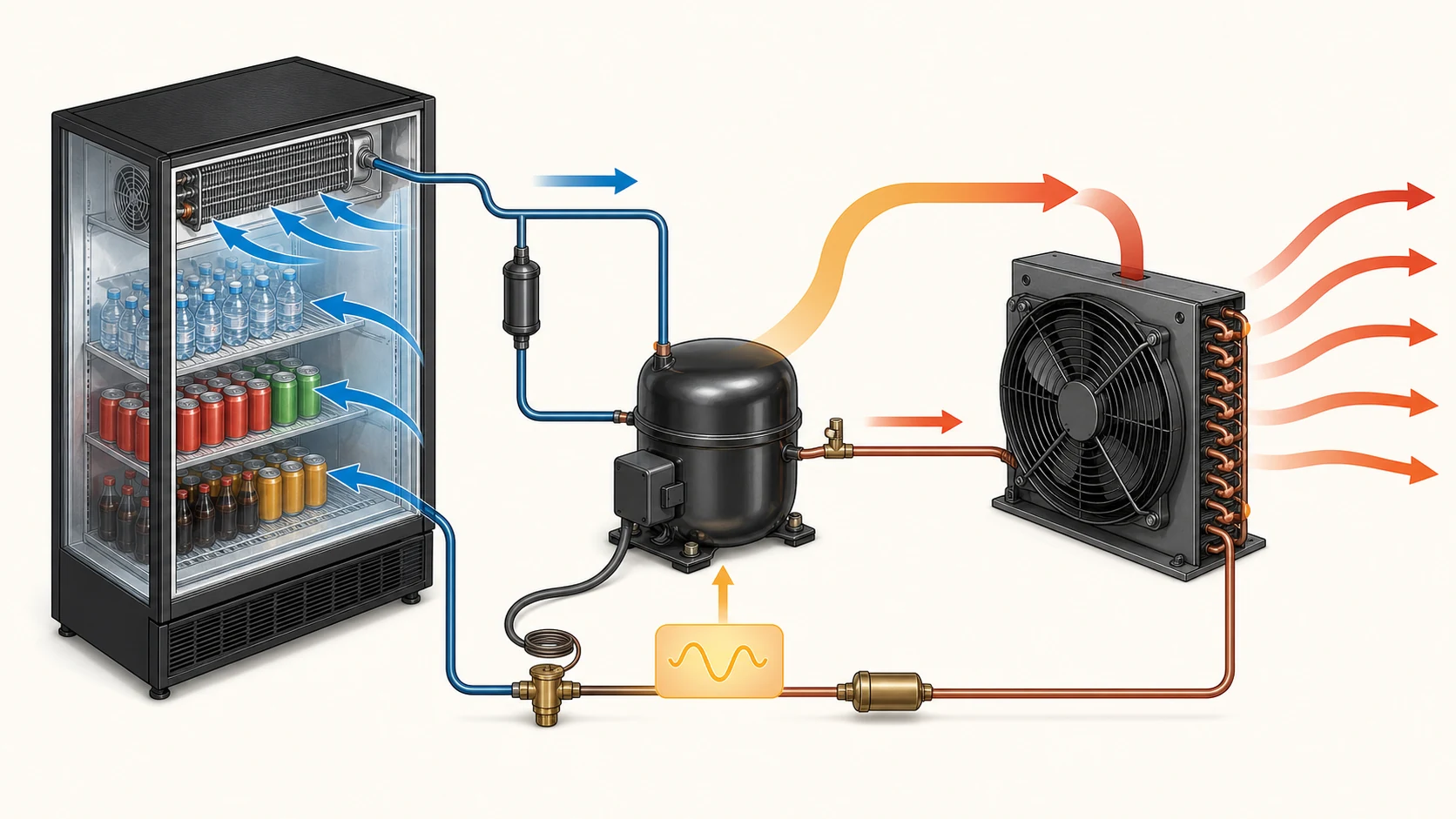 Refrigeration energy flow from cabinet load and compressor input to condenser heat rejection