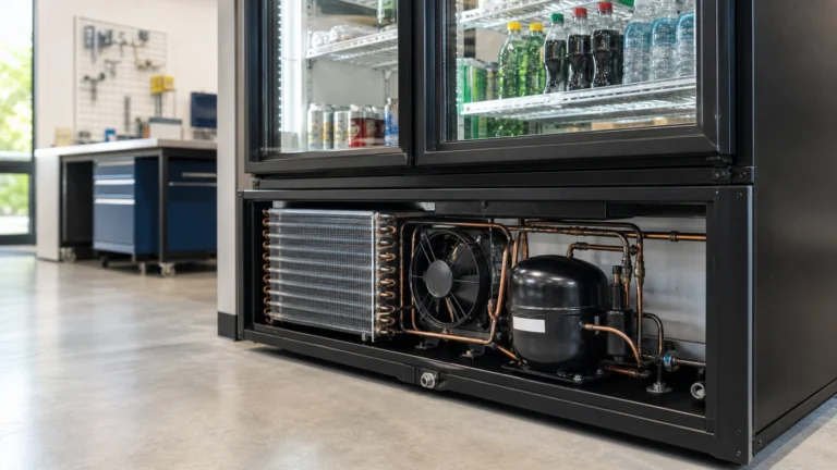Glass-door beverage cooler with the lower condenser compartment open for engineering review