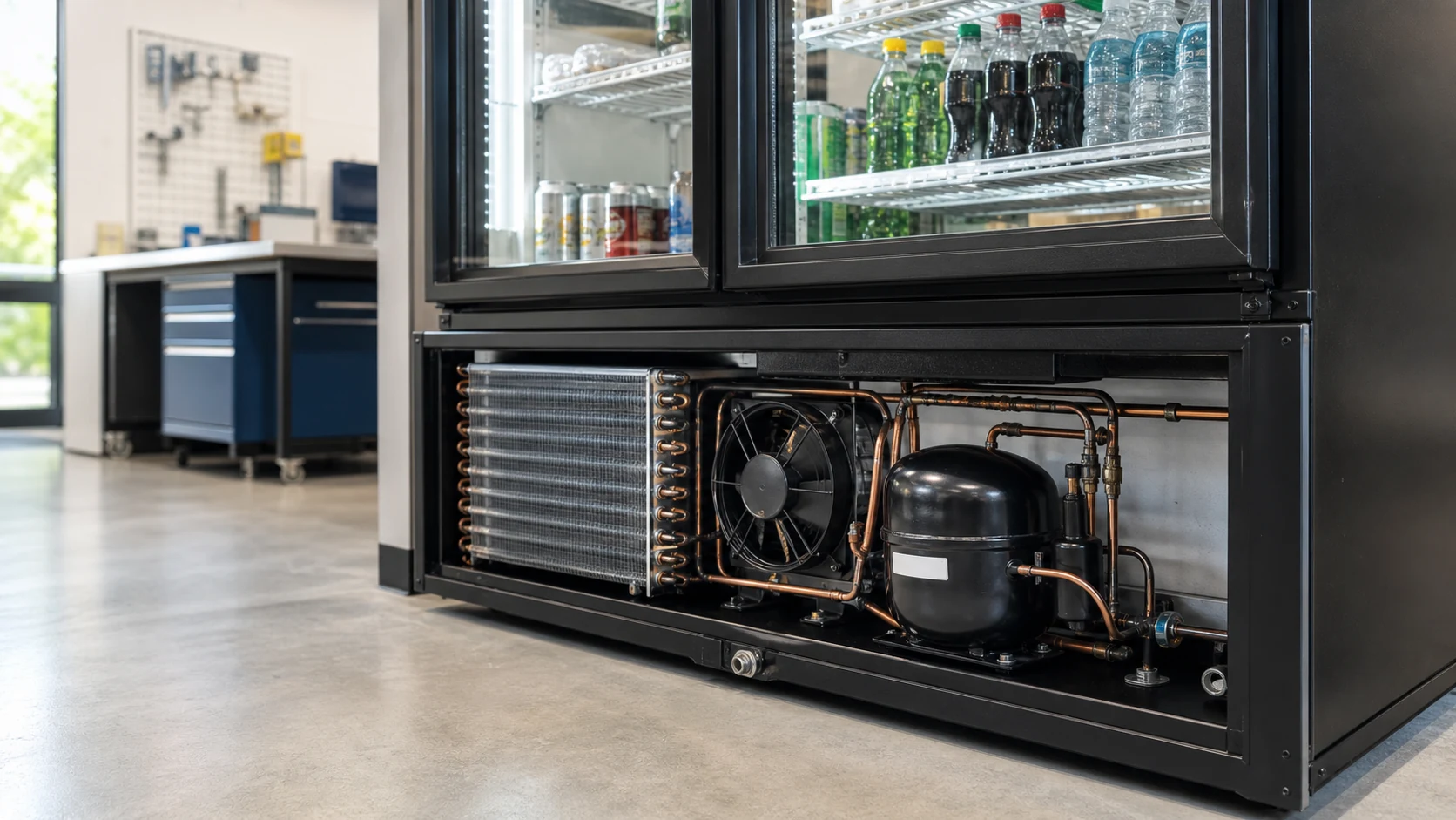 Glass-door beverage cooler with the lower condenser compartment open for engineering review