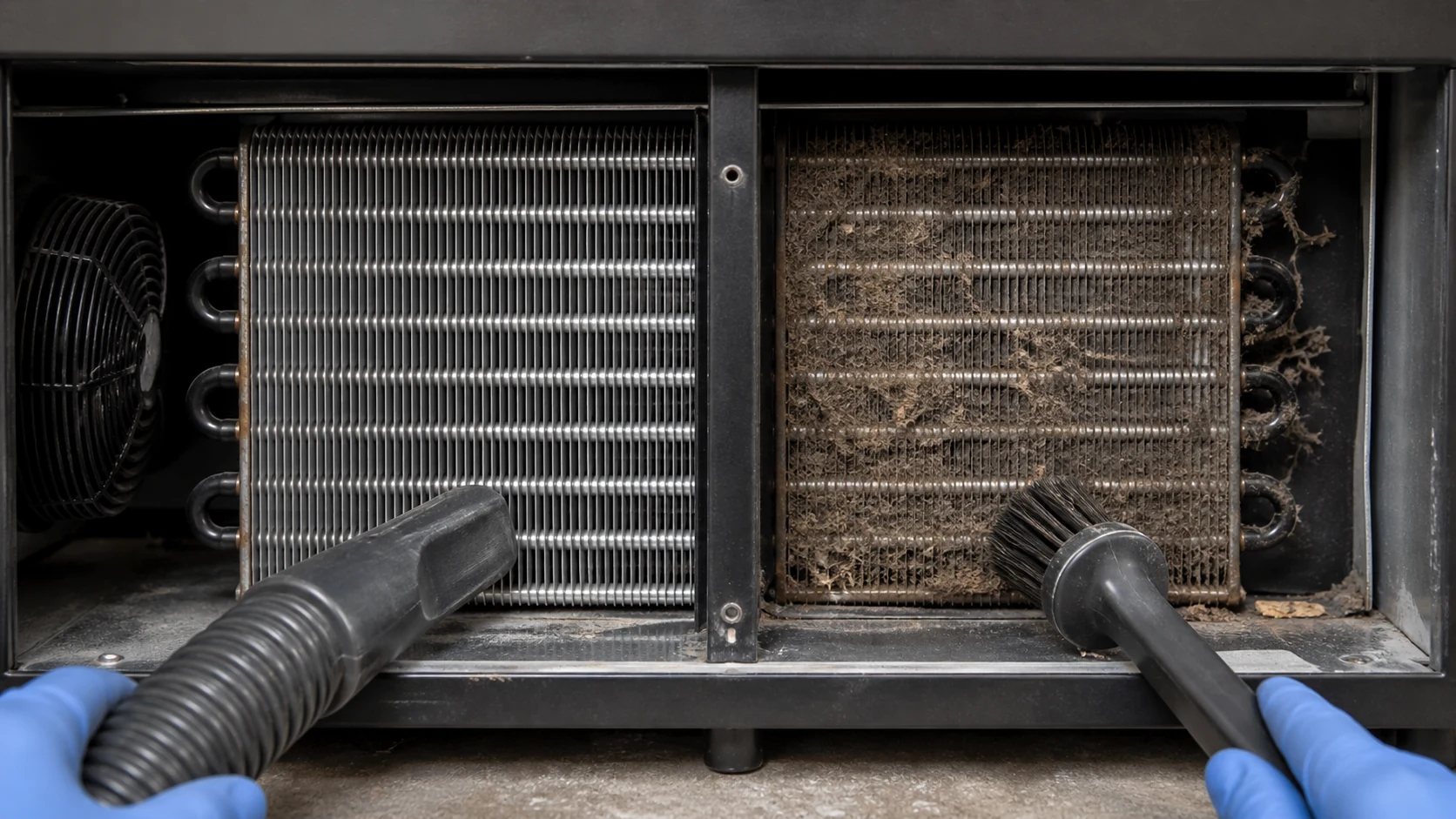Clean condenser and dust-loaded condenser shown behind a removable beverage cooler service grille