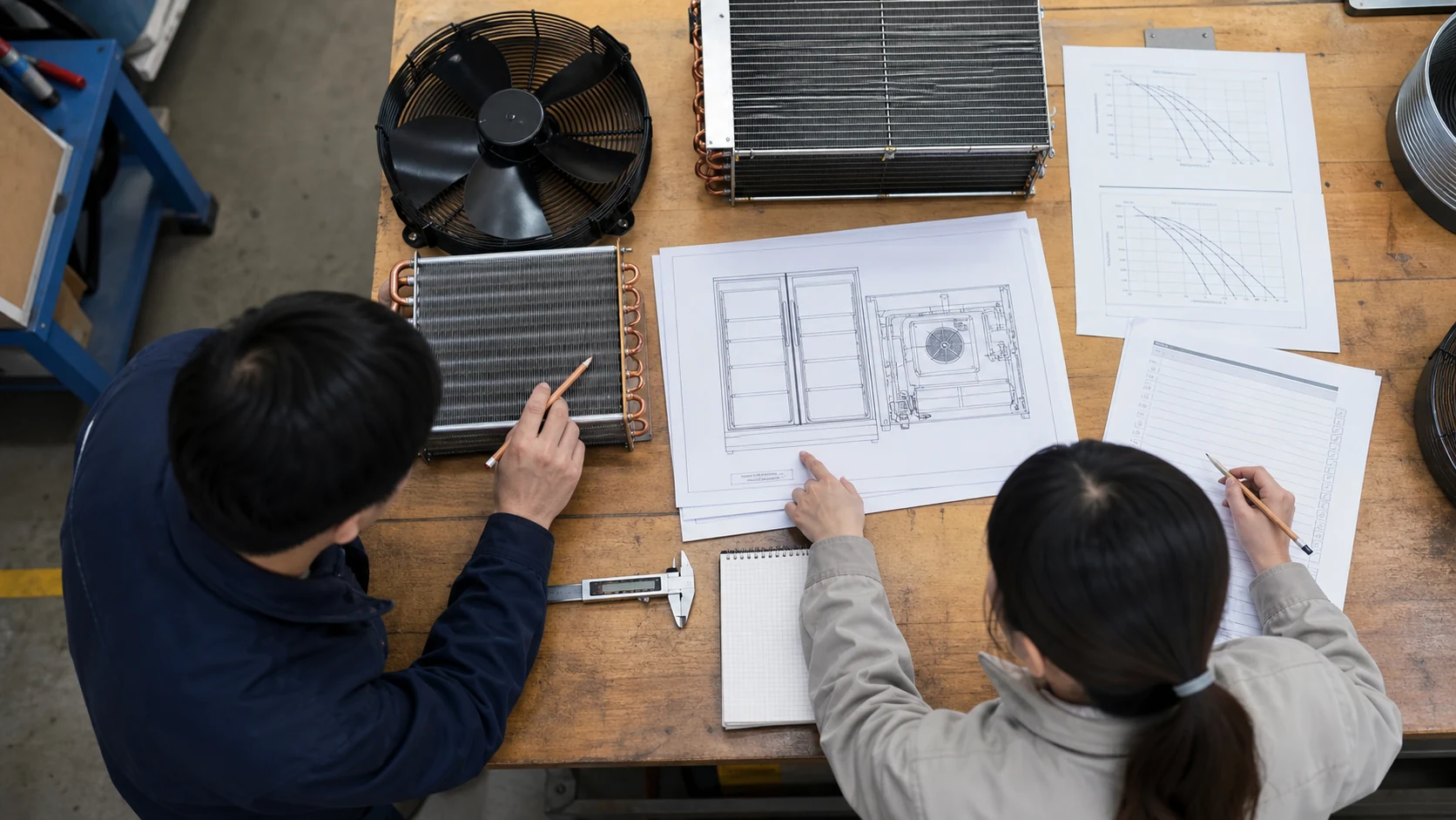 Engineer and procurement specialist comparing a beverage cooler cabinet drawing, condenser sample and returned supplier data