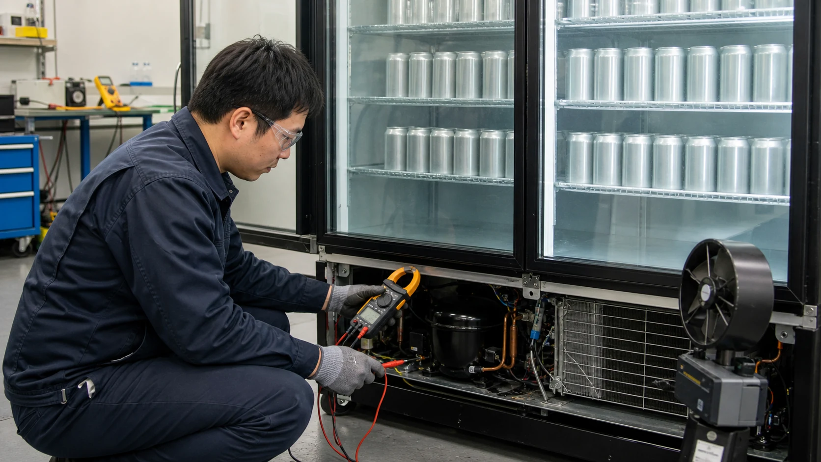 Technician measuring beverage cooler condenser temperatures, pressure, airflow, power and vibration during prototype testing