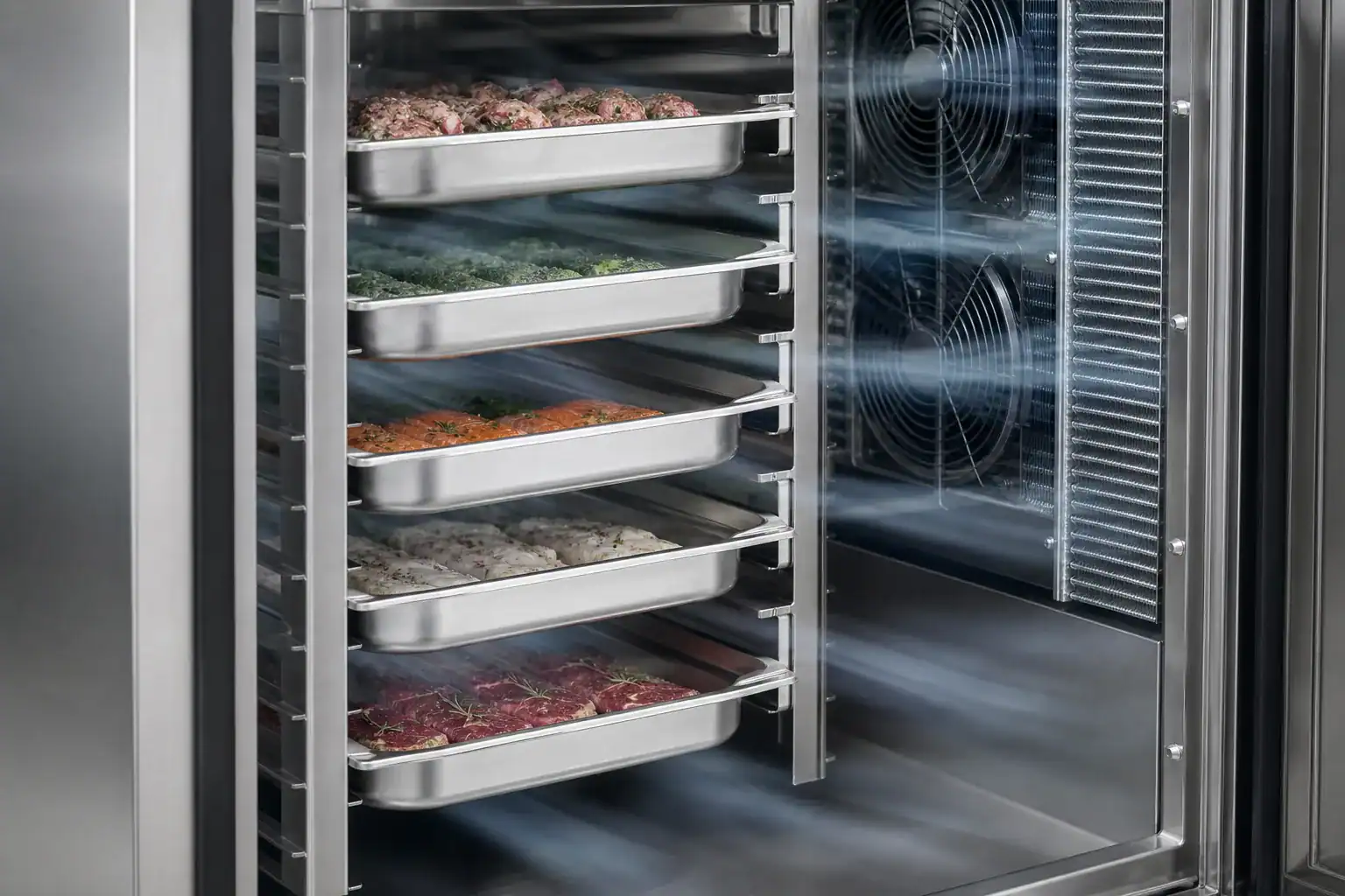 Commercial meat freezer with trays of fresh meat and seafood.