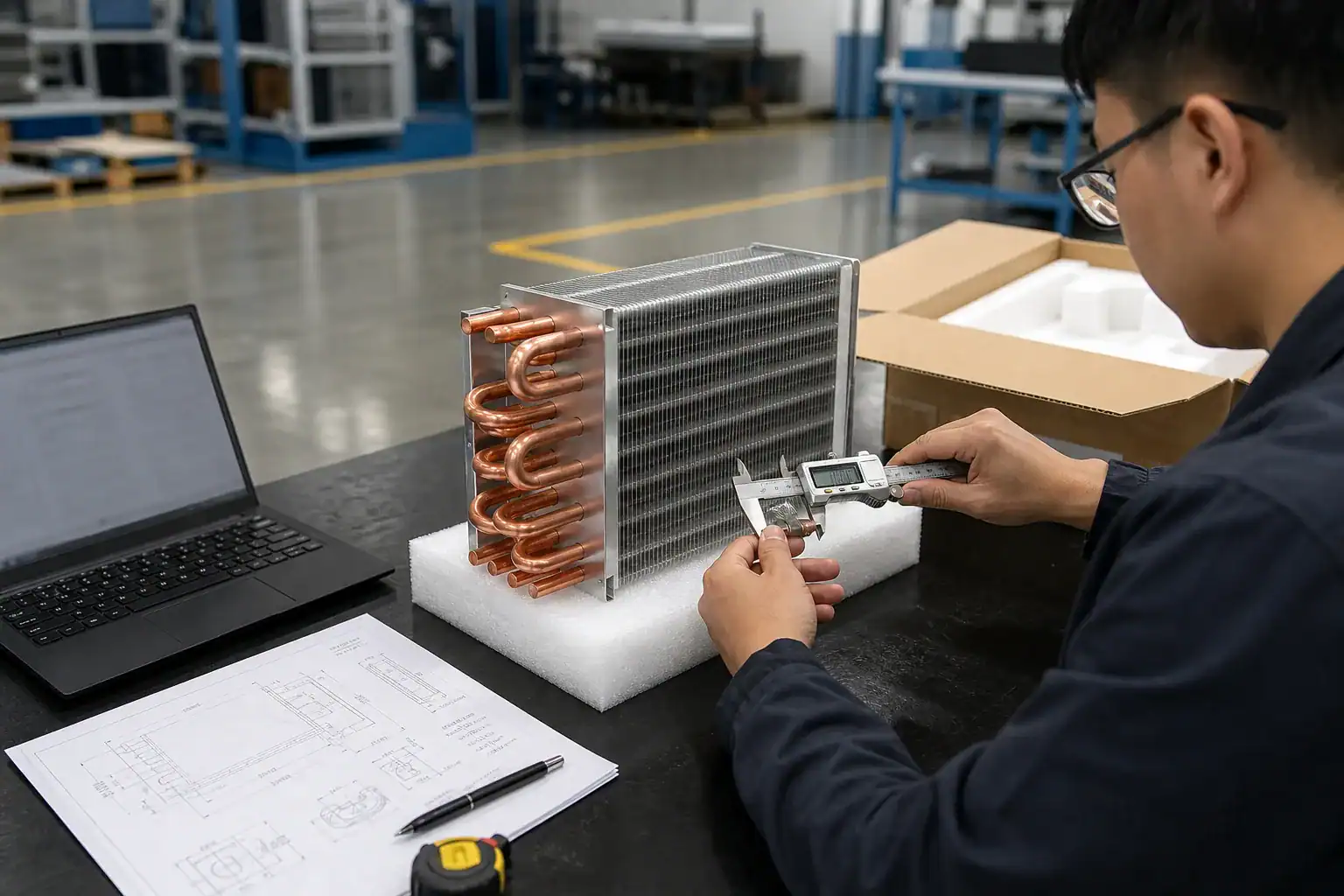 Technician inspecting a refrigeration cooling system with caliper in a factory.