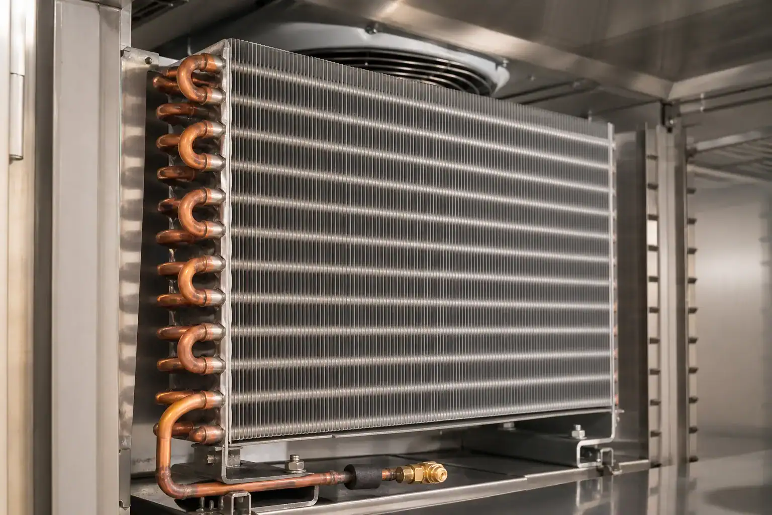 Industrial refrigeration condenser with copper piping and aluminum fins.