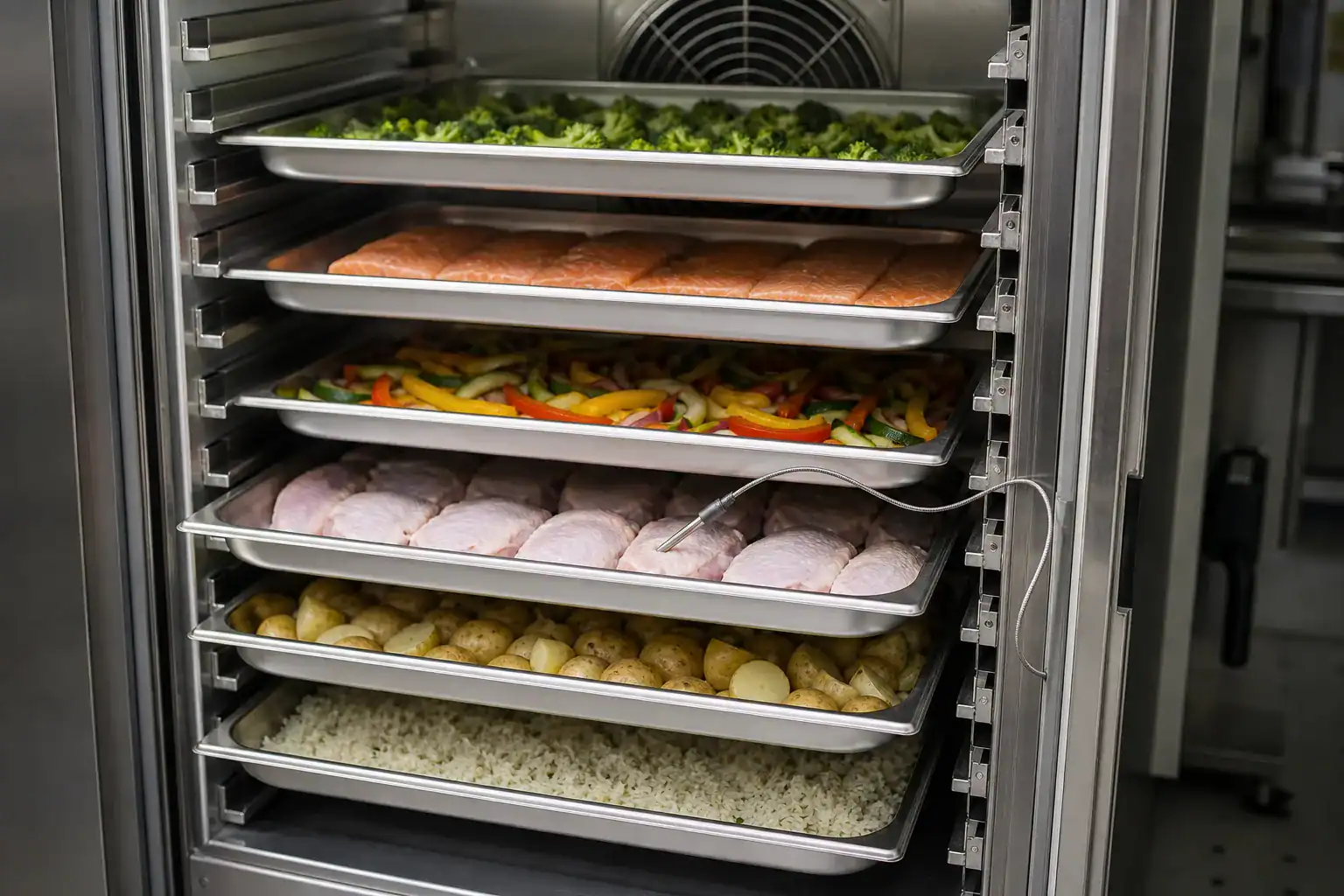 Commercial refrigerator with trays of fresh vegetables, meats, and potatoes.