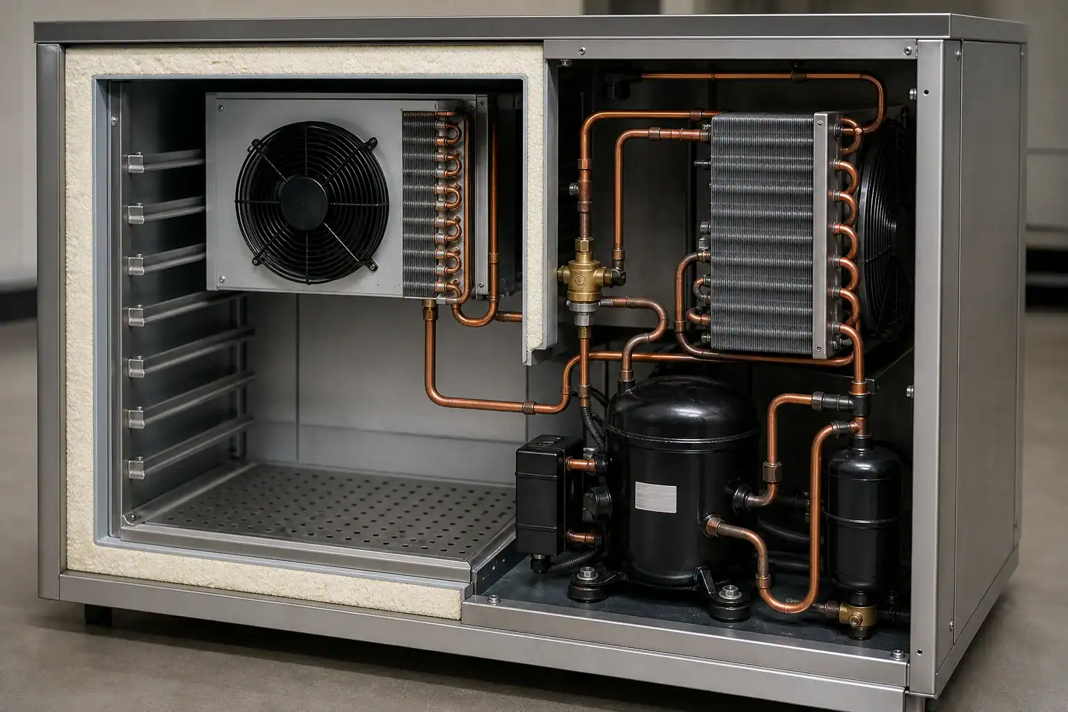 Inside view of a commercial refrigeration unit with cooling components.