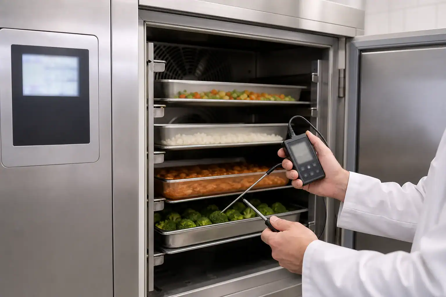Technician monitoring temperature in commercial refrigerator with food trays.