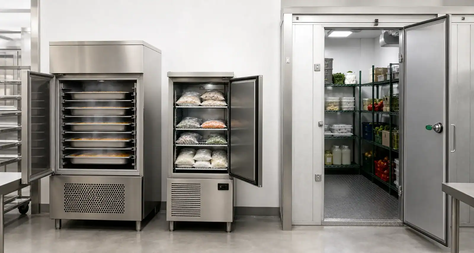 Commercial refrigeration units for food storage and preservation.