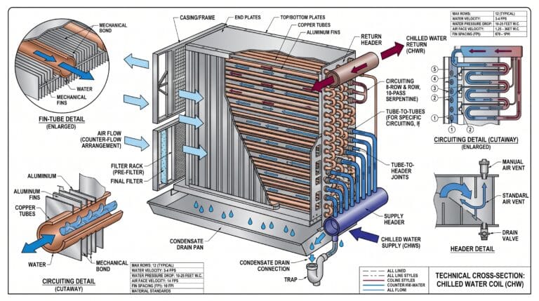 Detailed view of a large industrial refrigeration chiller with copper tubes and water flow system.
